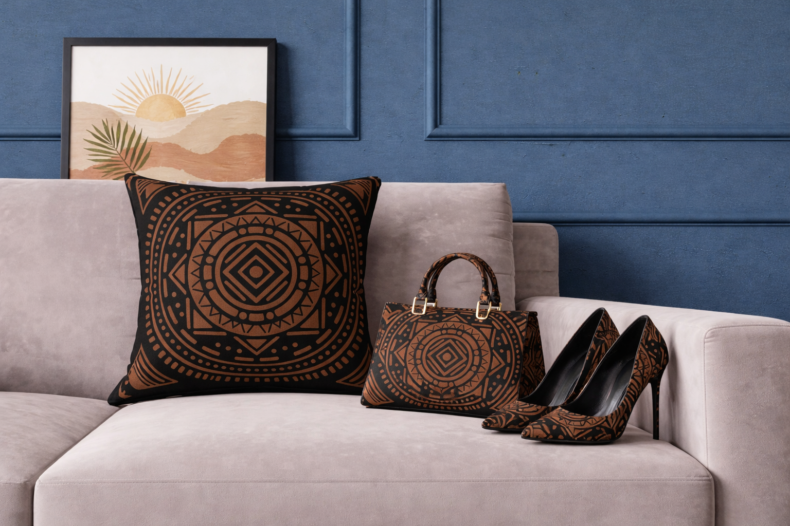 Ensemble décoratif élégant : coussins, sac à main et escarpins assortis